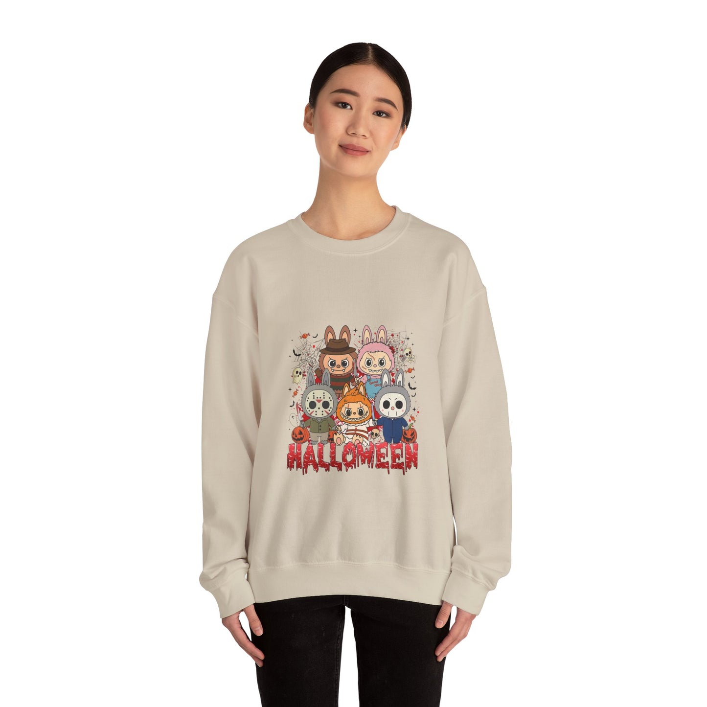 Woman wearing a Crewneck Sweatshirt - Labubu Halloween Design featuring unicorn and spooky characters, relaxed fit, Gildan 18000, eco-friendly.