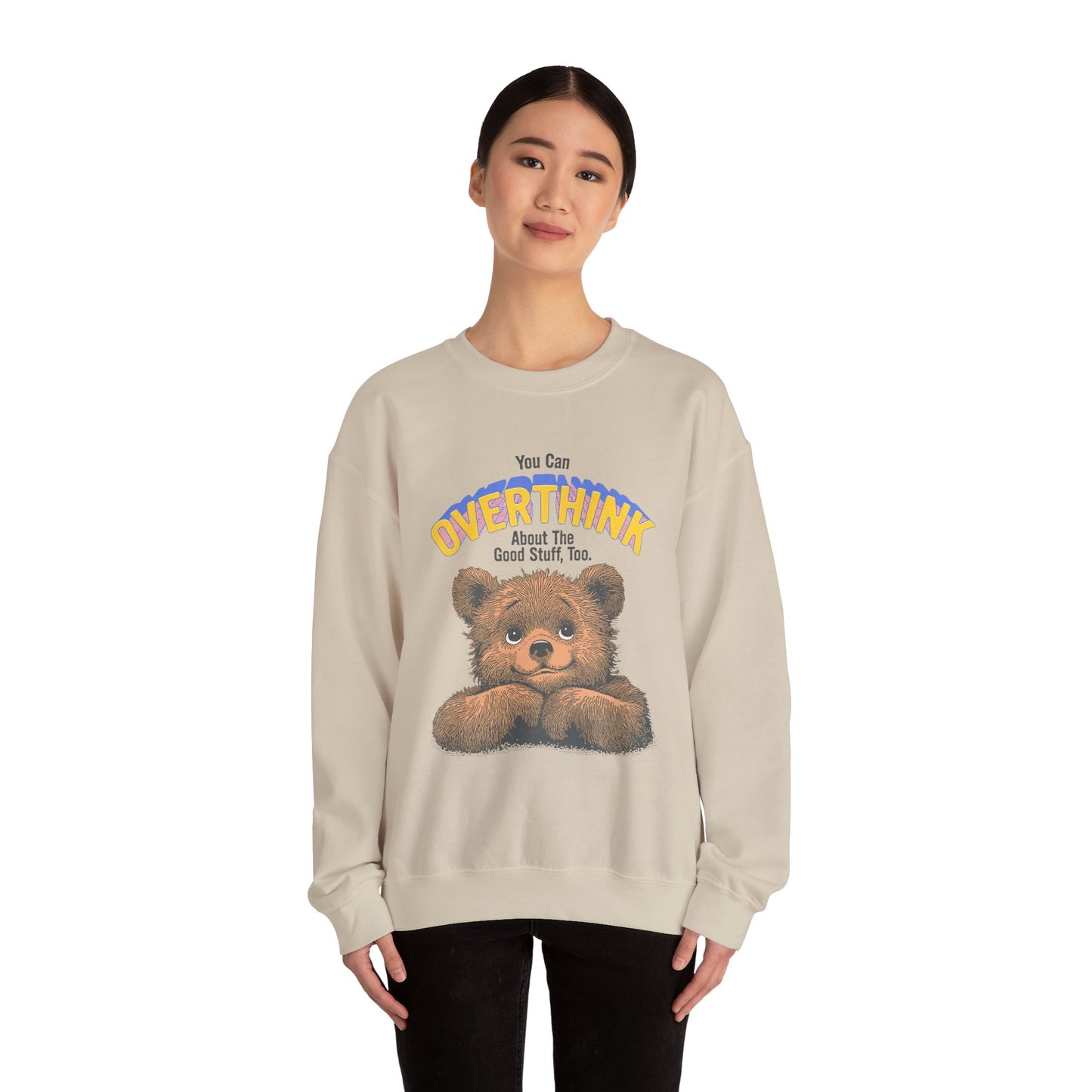 Cozy Sweatshirt with Overthinking Quote and Cute Bear Design, Funny Crewneck Jumper for Men and Women, Comfy Pullover for Winter, Unique