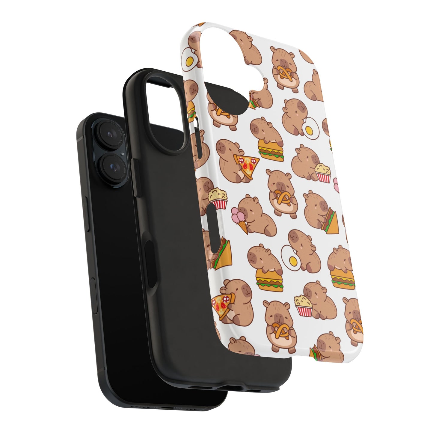 Cute Capybara Phone Case with Food Pattern Pizza Burger Donut and Popcorn Funny Animal Design Protective Cover for Foodies and Kawaii Style