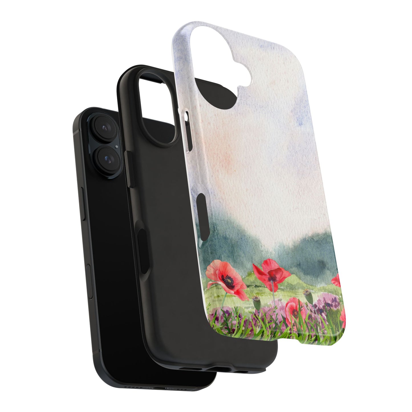Watercolor Wildflower Meadow Phone Case with Red Poppies and Soft Landscape Artistic Floral Design Protective Cover for Nature Lover