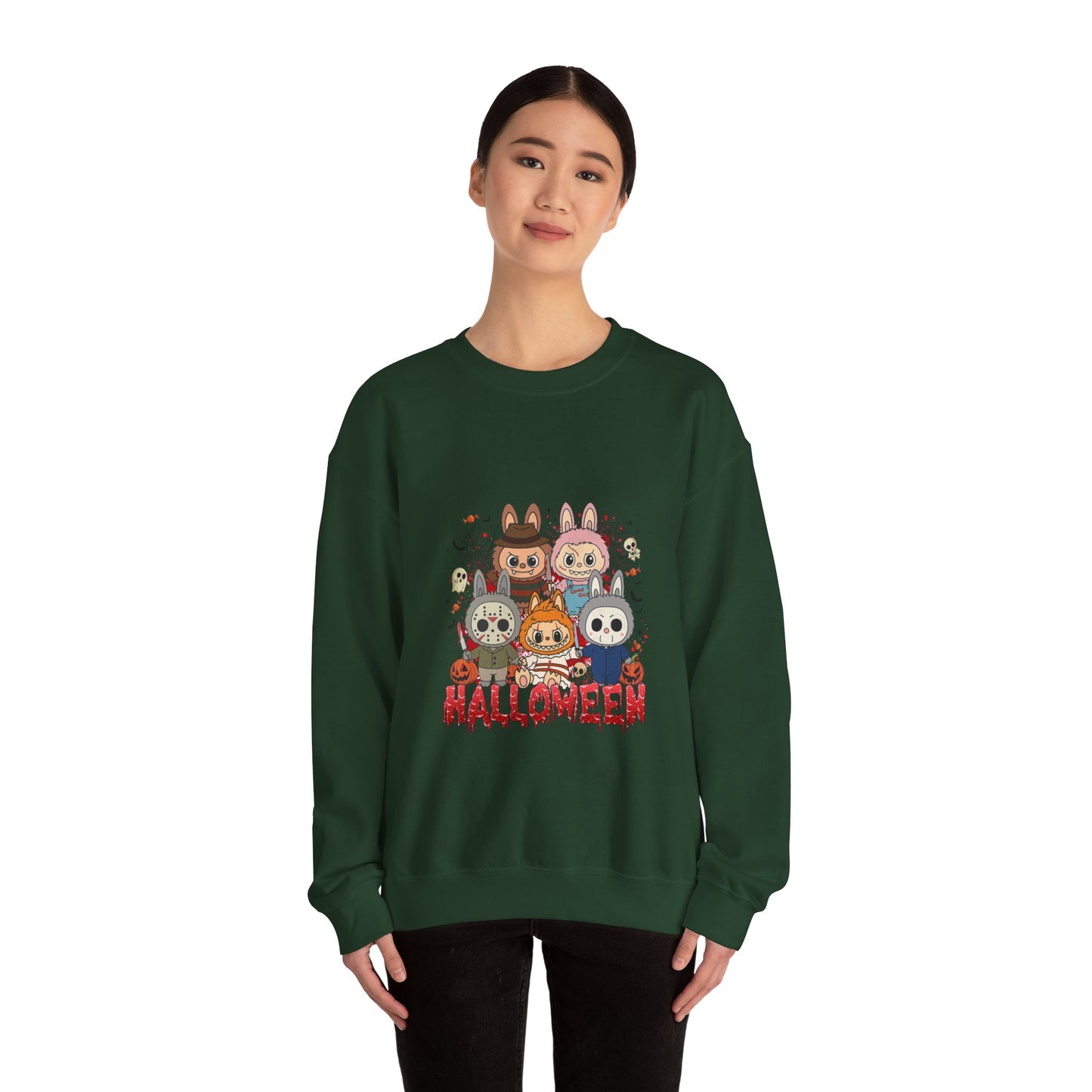 Woman wearing Crewneck Sweatshirt - Labubu Halloween Design with unicorn, relaxed fit, graphic tee and hoodie styles.