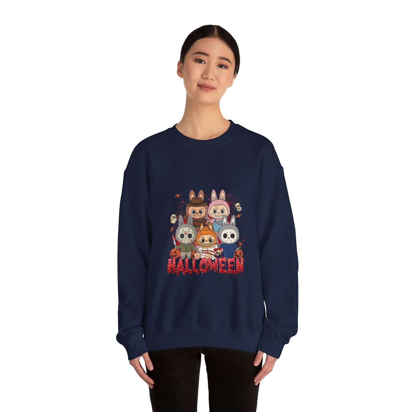 Crewneck Sweatshirt - Labubu Halloween Design featuring spooky graphic, relaxed fit, perfect for adults, eco-friendly, cozy and durable.