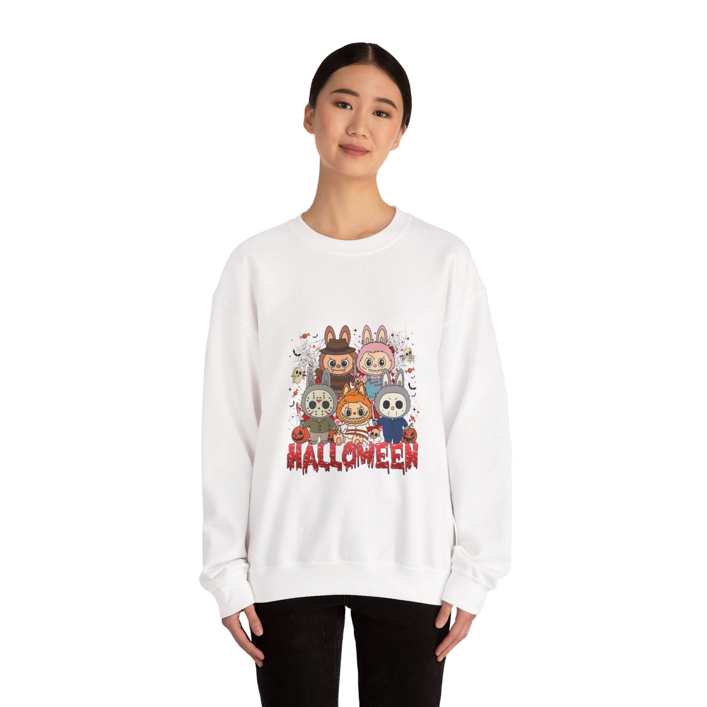 Crewneck Sweatshirt - Labubu Halloween Design, relaxed fit graphic tee with unicorn, for eco-friendly comfort and spooky style.