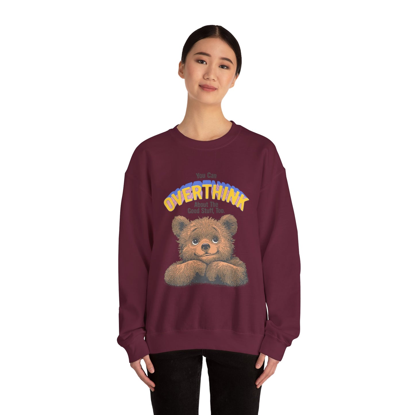 Cozy Sweatshirt with Overthinking Quote and Cute Bear Design, Funny Crewneck Jumper for Men and Women, Comfy Pullover for Winter, Unique