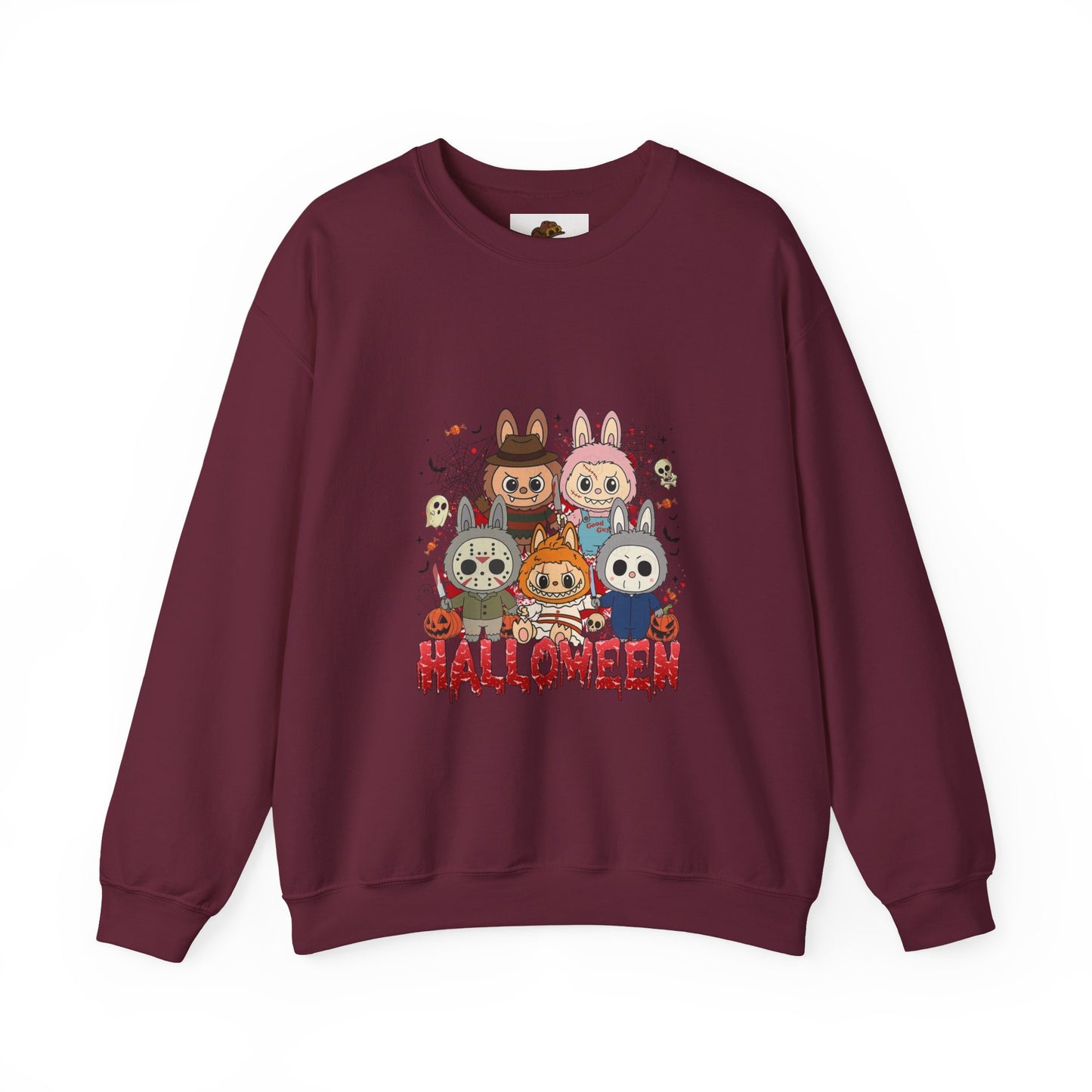 Crewneck Sweatshirt - Labubu Halloween Design, relaxed fit graphic tee with unicorn and hoodie features, perfect for spooky fun.