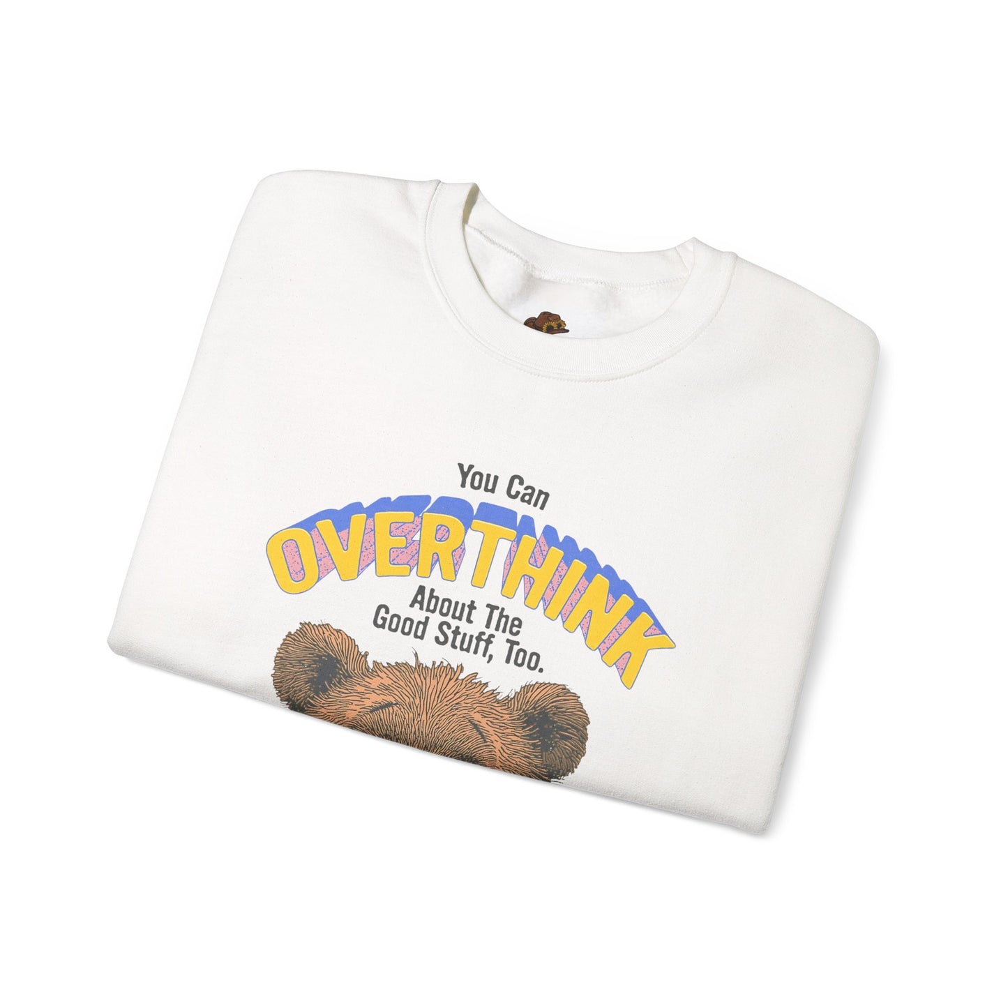 Cozy Sweatshirt with Overthinking Quote and Cute Bear Design, Funny Crewneck Jumper for Men and Women. Relaxed Fit, Comfy Pullover for Winter.