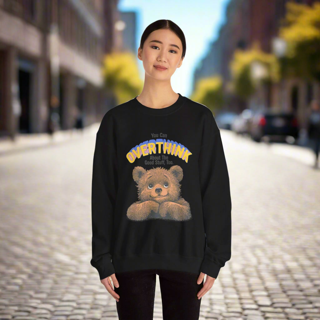 Cozy Sweatshirt with Overthinking Quote and Cute Bear Design, Funny Crewneck Jumper for Men and Women, Comfy Pullover for Winter, Unique