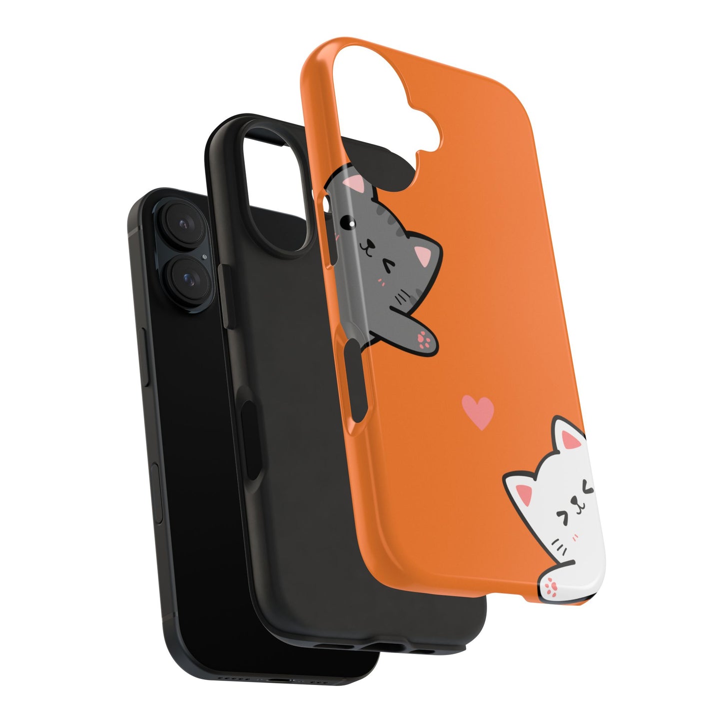Cute Cartoon Cat Phone Case with Orange Background Playful Gray and White Kitties and Pink Heart Protective Cover for Kawaii Cat Lovers