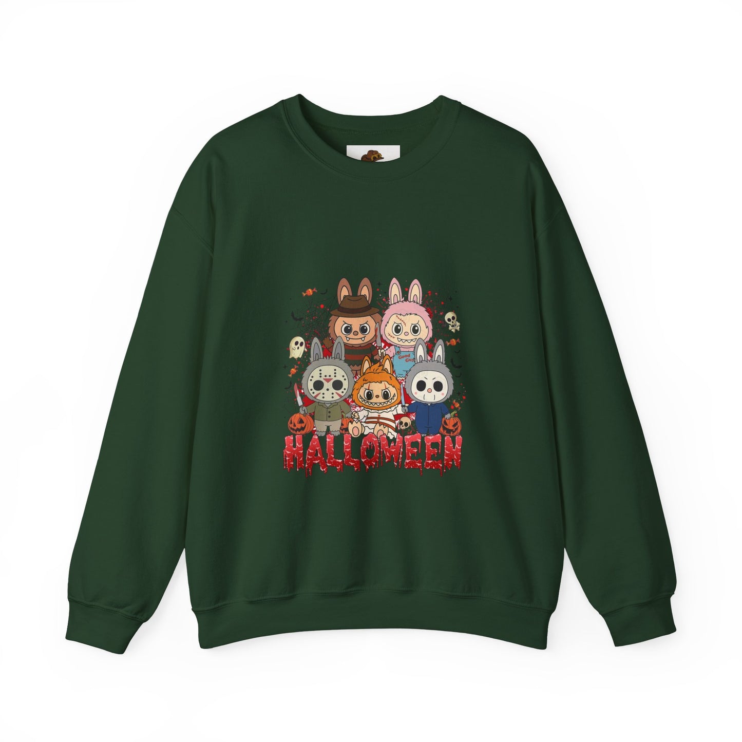 Crewneck Sweatshirt - Labubu Halloween Design, spooky graphic tee with unicorn characters, relaxed fit, Gildan 18000, eco-friendly.
