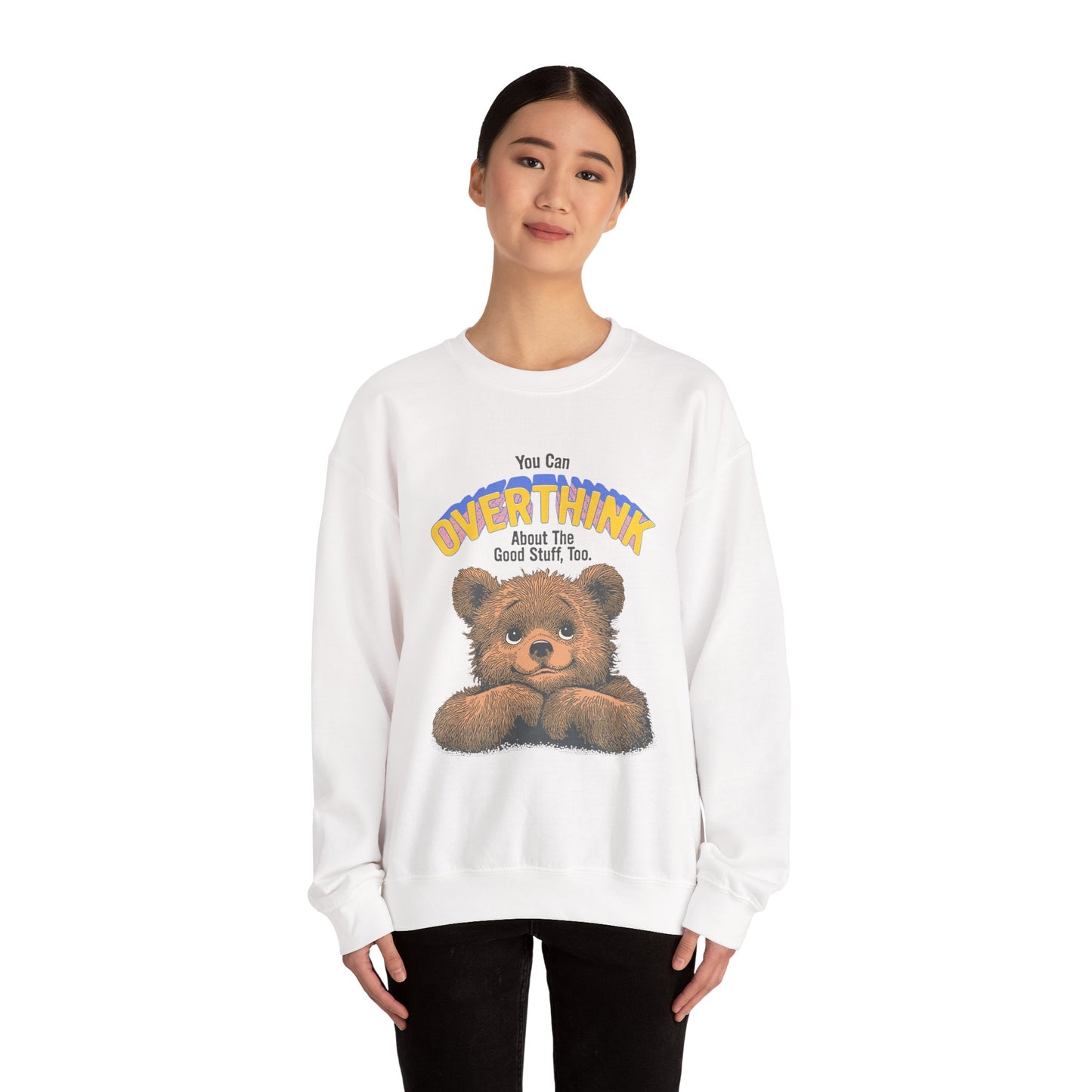 Cozy Sweatshirt with Overthinking Quote and Cute Bear Design, Funny Crewneck Jumper for Men and Women, Comfy Pullover for Winter, Unique
