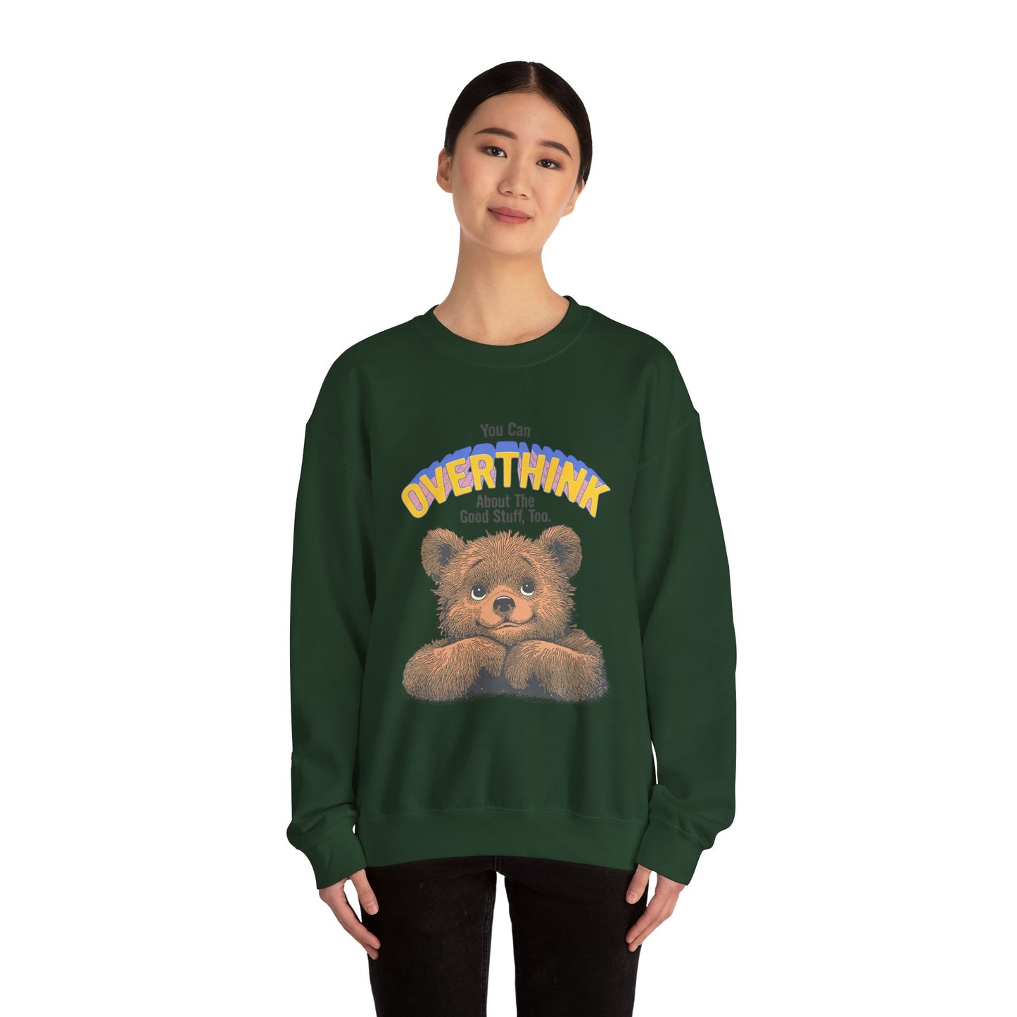 Cozy Sweatshirt with Overthinking Quote and Cute Bear Design, Funny Crewneck Jumper for Men and Women, Comfy Pullover for Winter, Unique