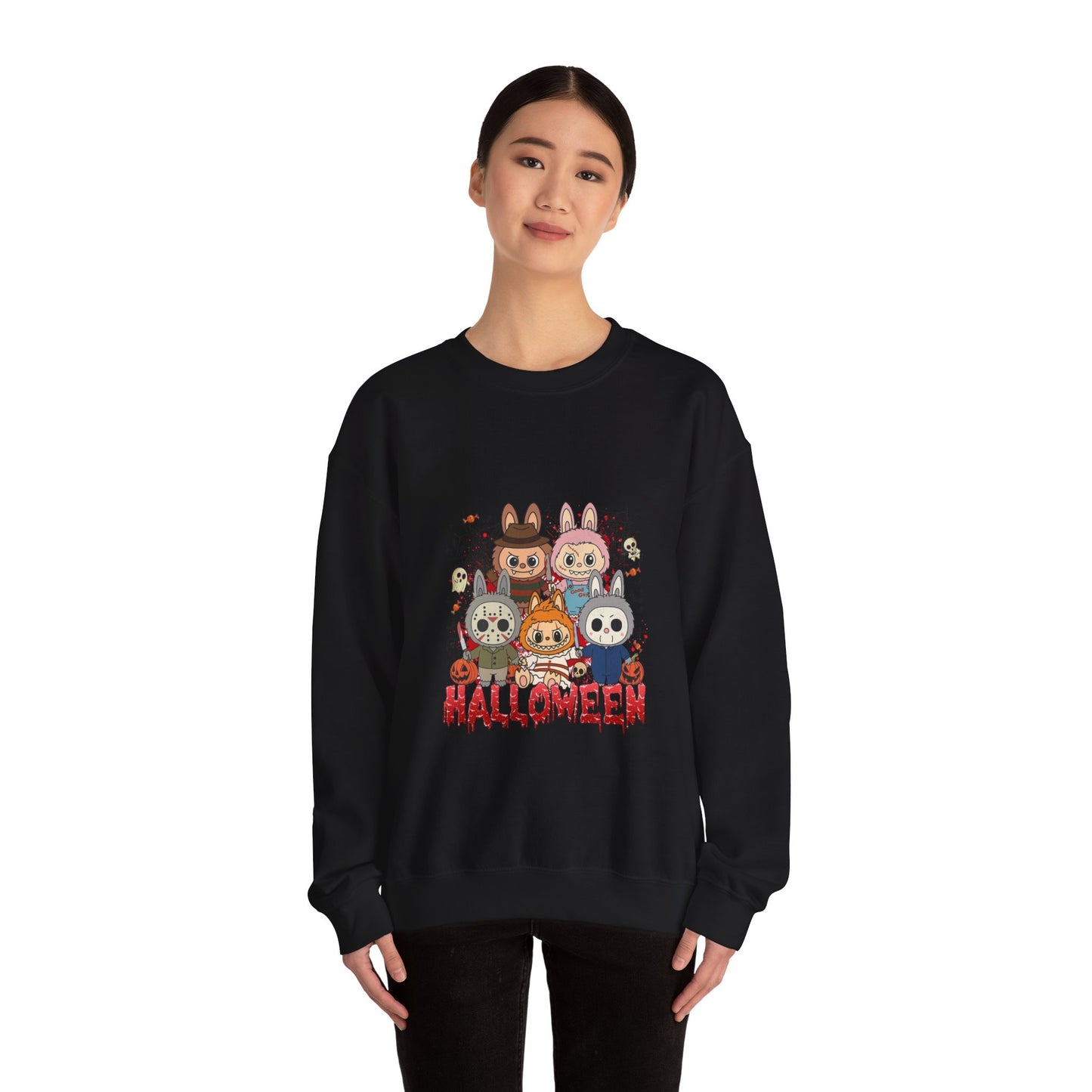 Crewneck Sweatshirt - Labubu Halloween Design featuring unicorn and spooky graphic tee, adult relaxed fit, hoodie style.