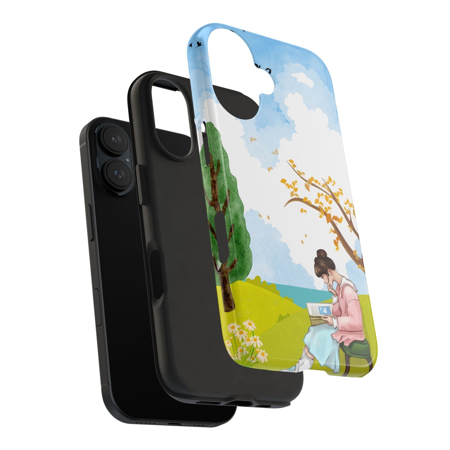 Cozy Reading Girl Phone Case with Peaceful Nature Scene Trees and Flowers Serene Pastel Design Protective Cover for Book Lovers and Dreamers