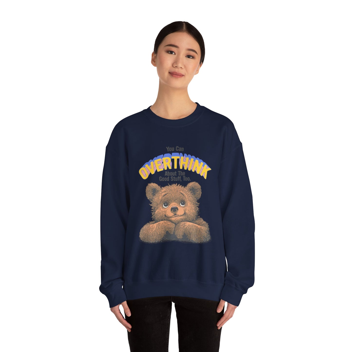 Cozy Sweatshirt with Overthinking Quote and Cute Bear Design, Funny Crewneck Jumper for Men and Women, Comfy Pullover for Winter, Unique