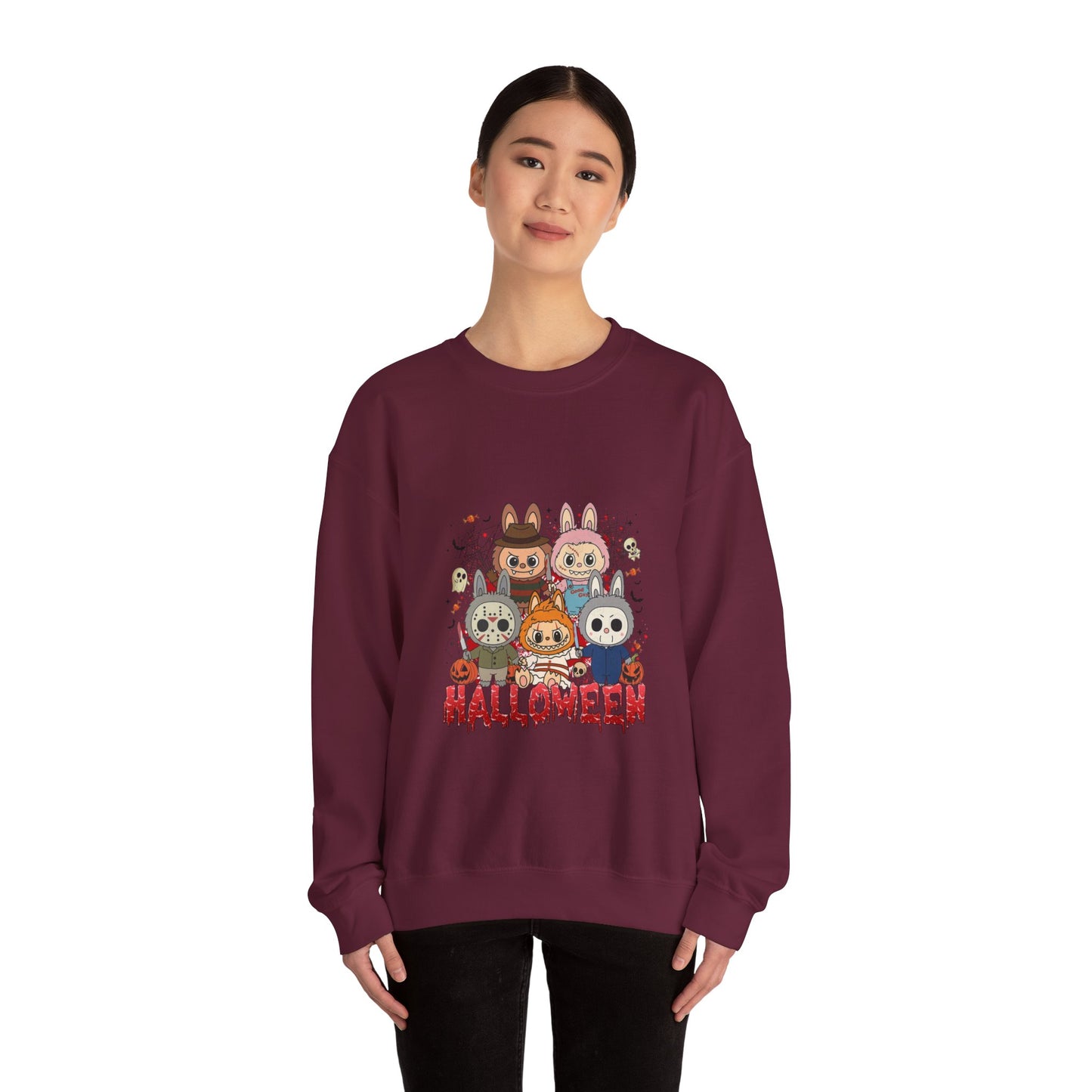 Crewneck Sweatshirt - Labubu Halloween Design featuring a spooky fun graphic, ideal for Halloween celebrations and unicorn lovers.