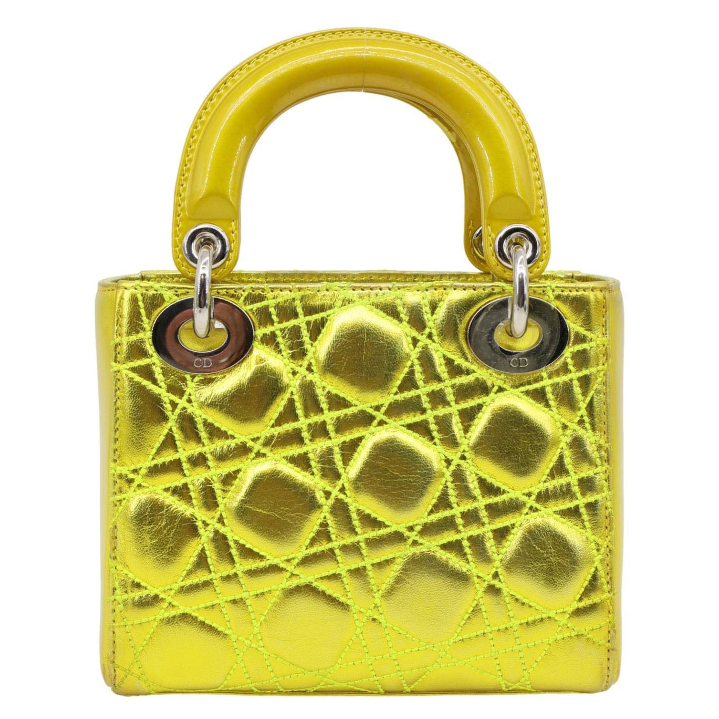 CHRISTIAN DIOR Lady Dior Mini Metallic Leather Shoulder Bag Neon Yellow with iconic Cannage stitching and Dior charms