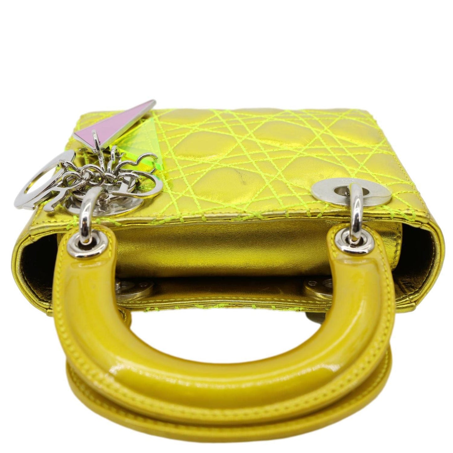 CHRISTIAN DIOR Lady Dior Mini Metallic Leather Shoulder Bag Neon Yellow with Cannage stitching and Dior charms, view from top.
