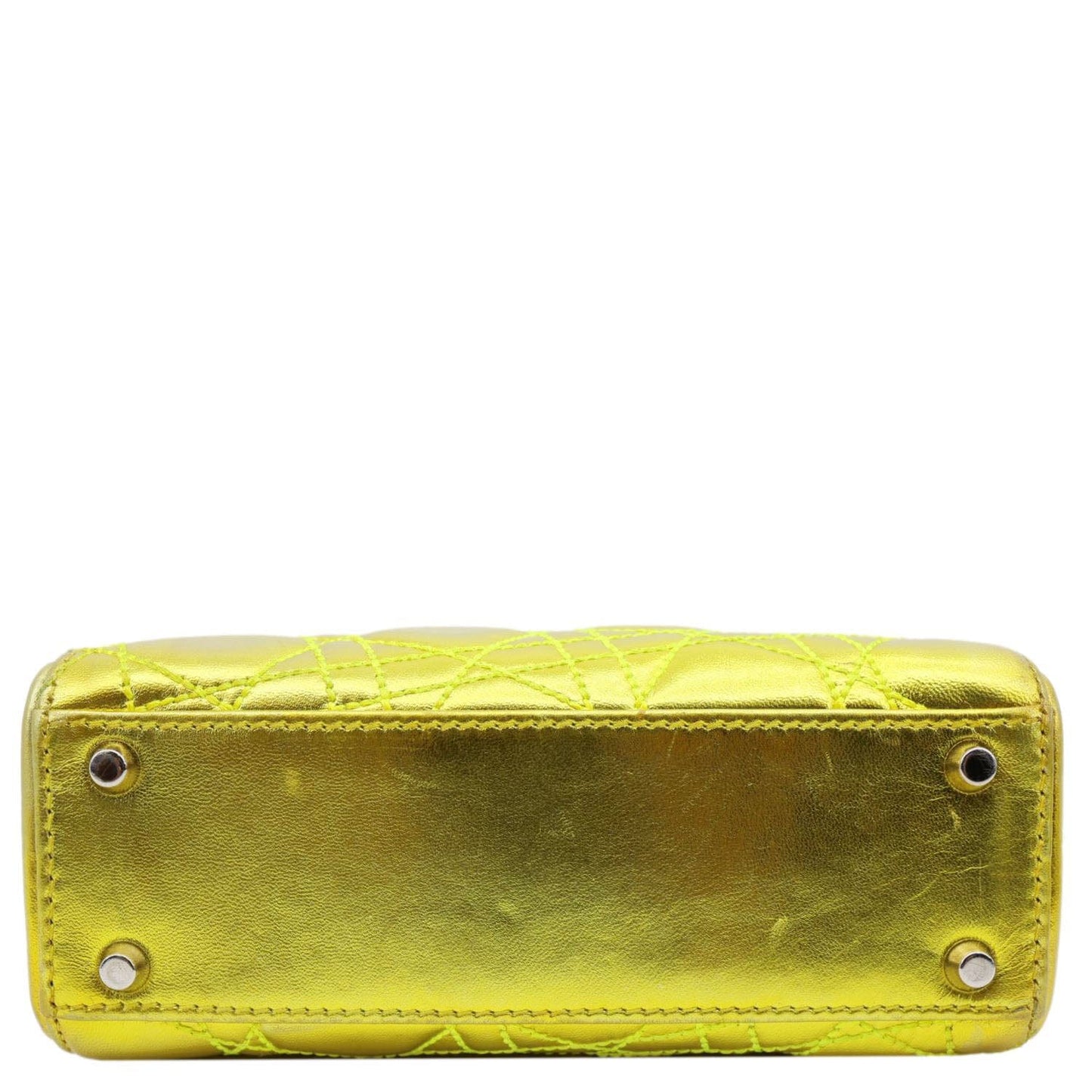 Bottom view of CHRISTIAN DIOR Lady Dior Mini Metallic Leather Shoulder Bag Neon Yellow with signature Cannage stitching.