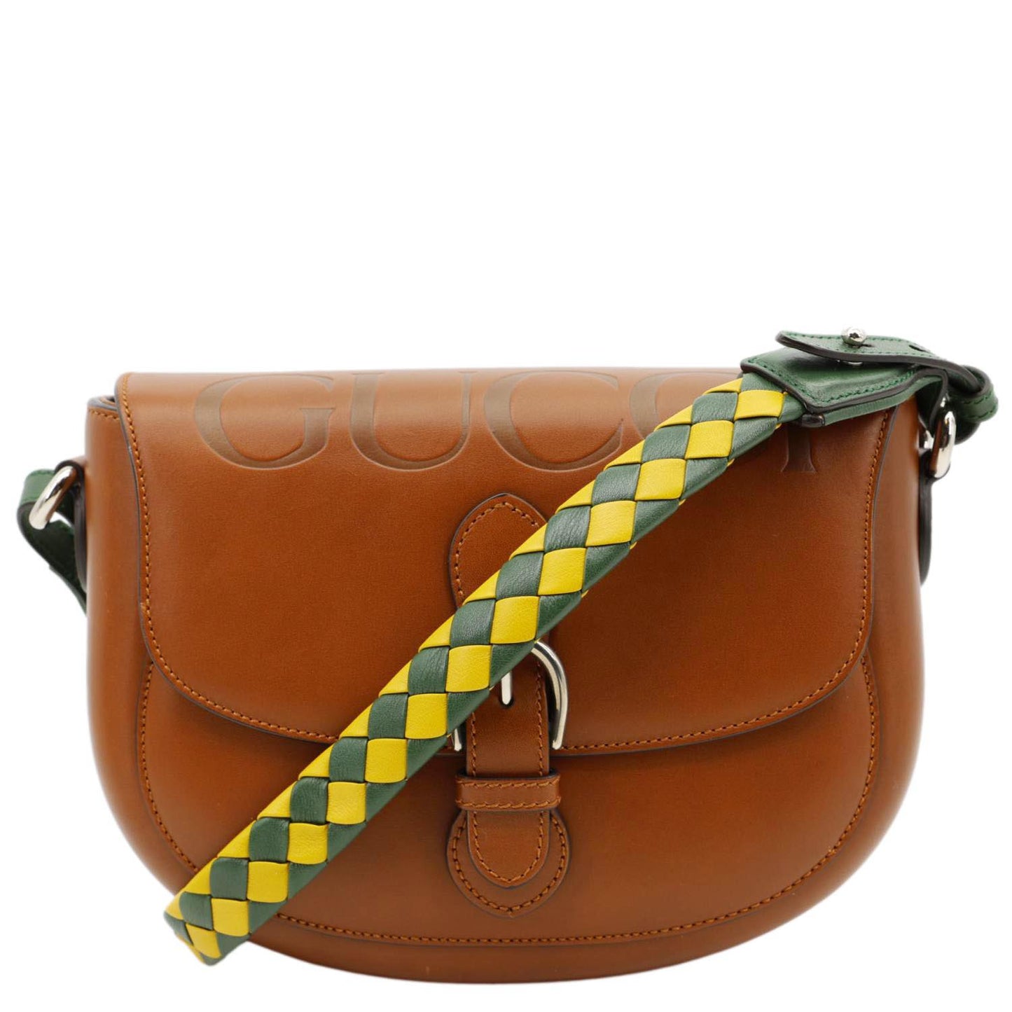 GUCCI Logo Small Embossed Calfskin Leather Shoulder Bag Brown 679540 with a woven green and yellow strap.