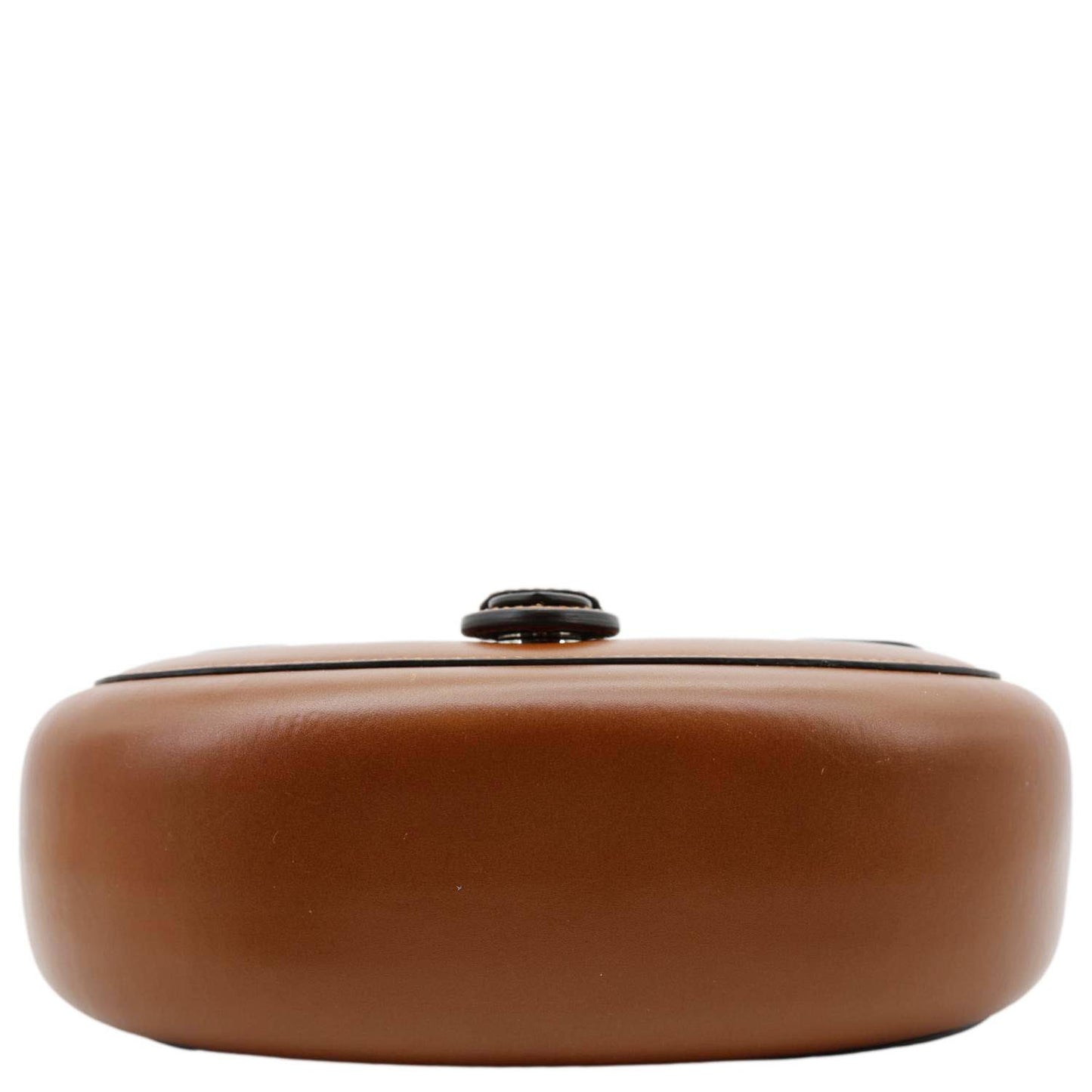 Bottom view of GUCCI Logo Small Embossed Calfskin Leather Shoulder Bag Brown 679540, showcasing its structured silhouette and elegant design.