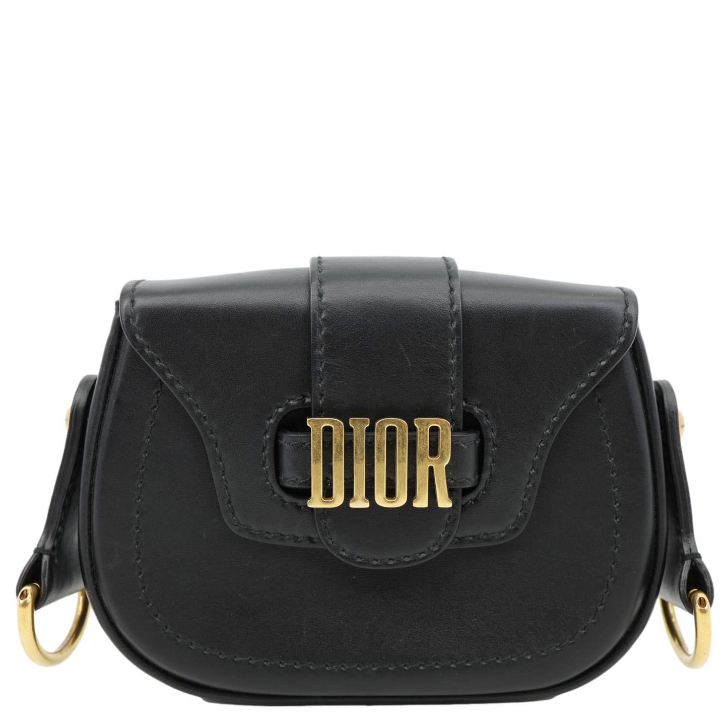 CHRISTIAN DIOR D Fence Small Calfskin Leather Saddle Bag Black with gold "D" buckle, elegant structured style from Italy.