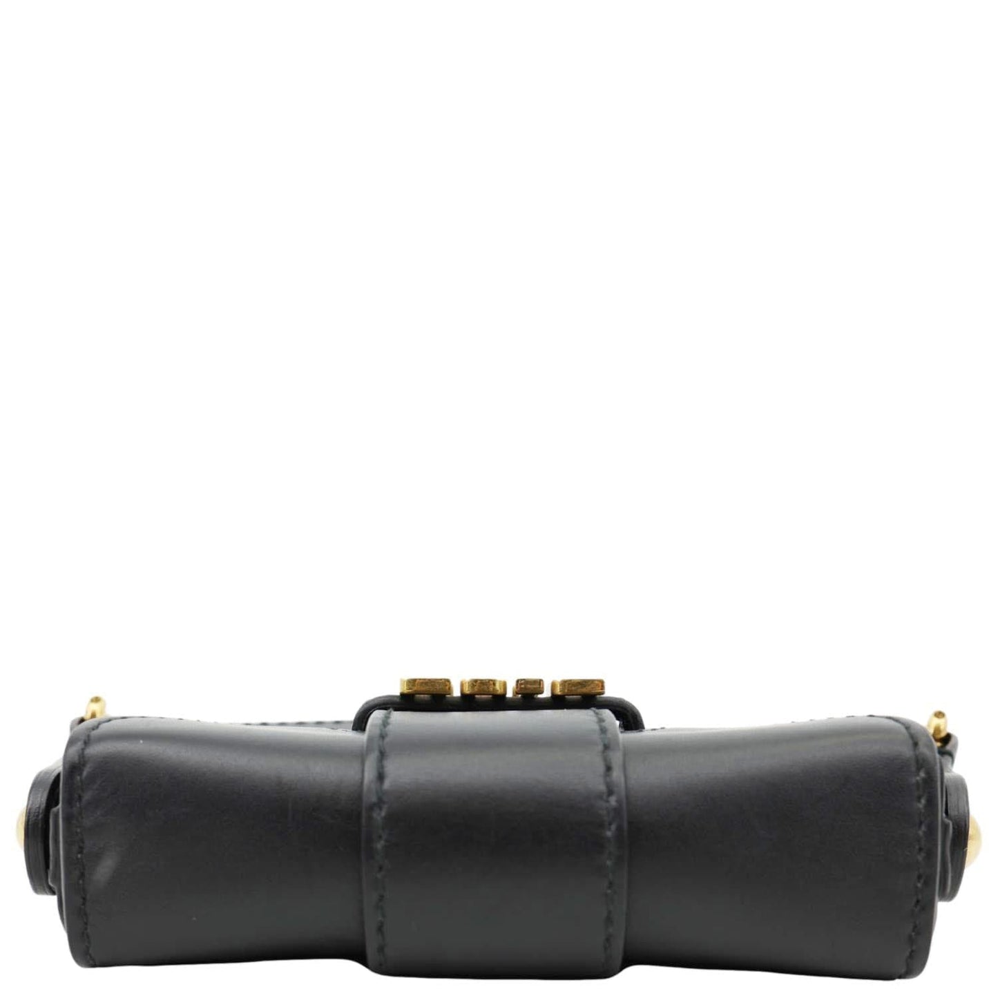 CHRISTIAN DIOR D Fence Small Calfskin Leather Saddle Bag Black bottom view with gold details, luxury fashion accessory.