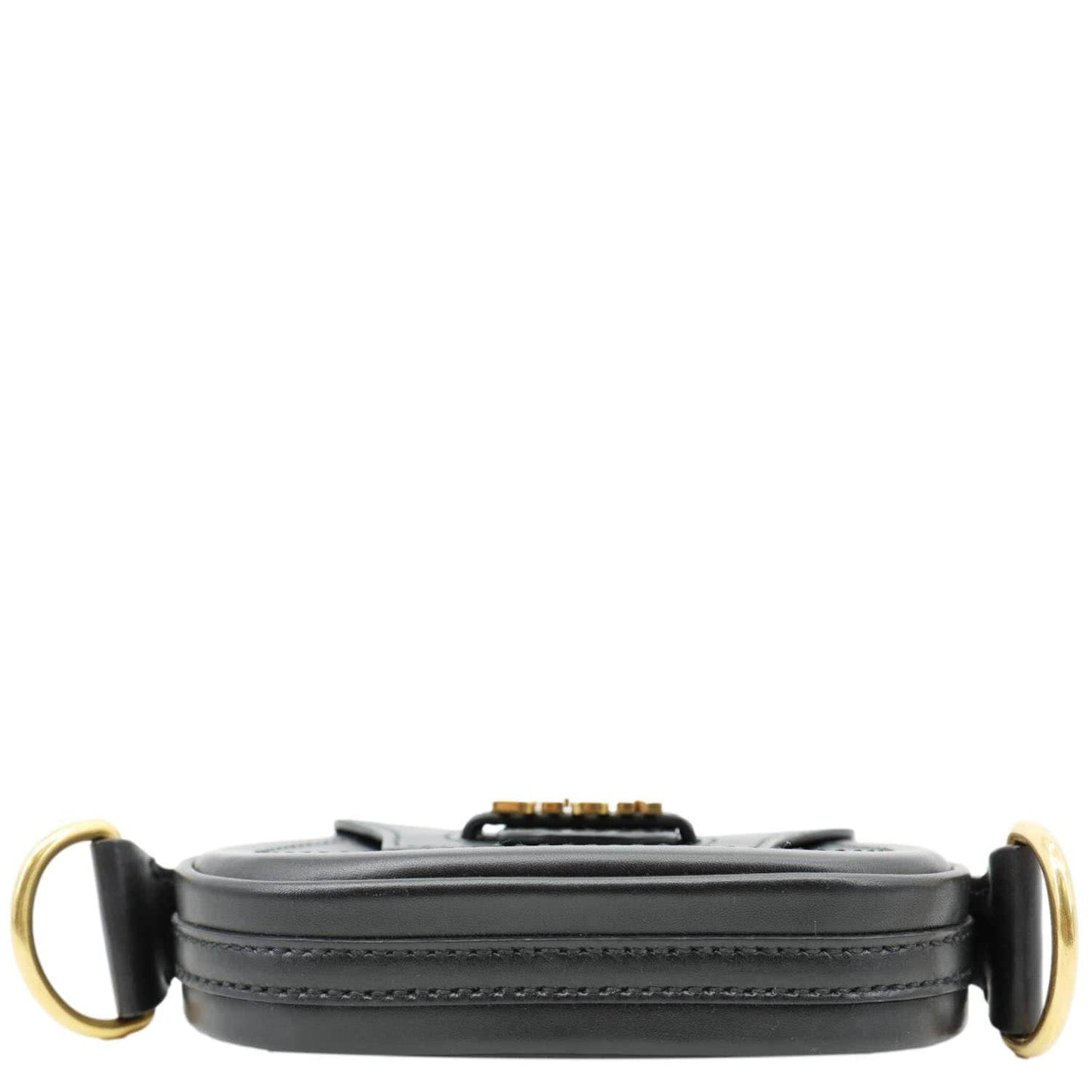 Side view of CHRISTIAN DIOR D Fence Small Calfskin Leather Saddle Bag Black with gold hardware, showcasing sleek design and craftsmanship.