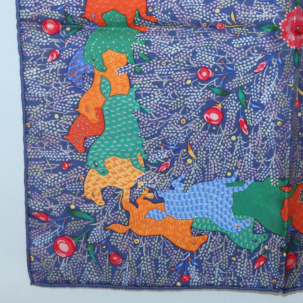 Authentic vintage Hermes silk scarf with colorful unicorn pattern, relaxed fit, perfect accessory for graphic tee or hoodie.