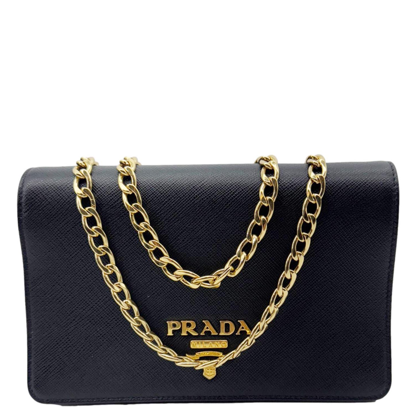PRADA Saffiano Lux Chain Crossbody Bag Black with gold-tone chain and logo, perfect for a sleek, versatile style.