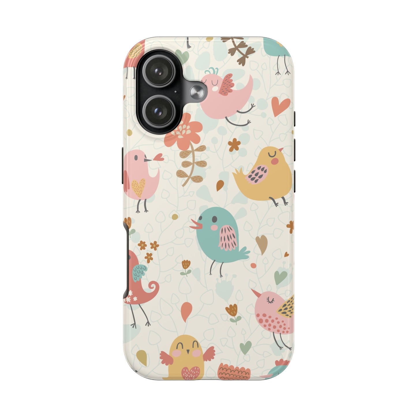 Cute Cartoon Birds Phone Case for iPhone 15 Pro with Colorful Pastel Floral Pattern – Soft Protective Cover with Whimsical Bird Design