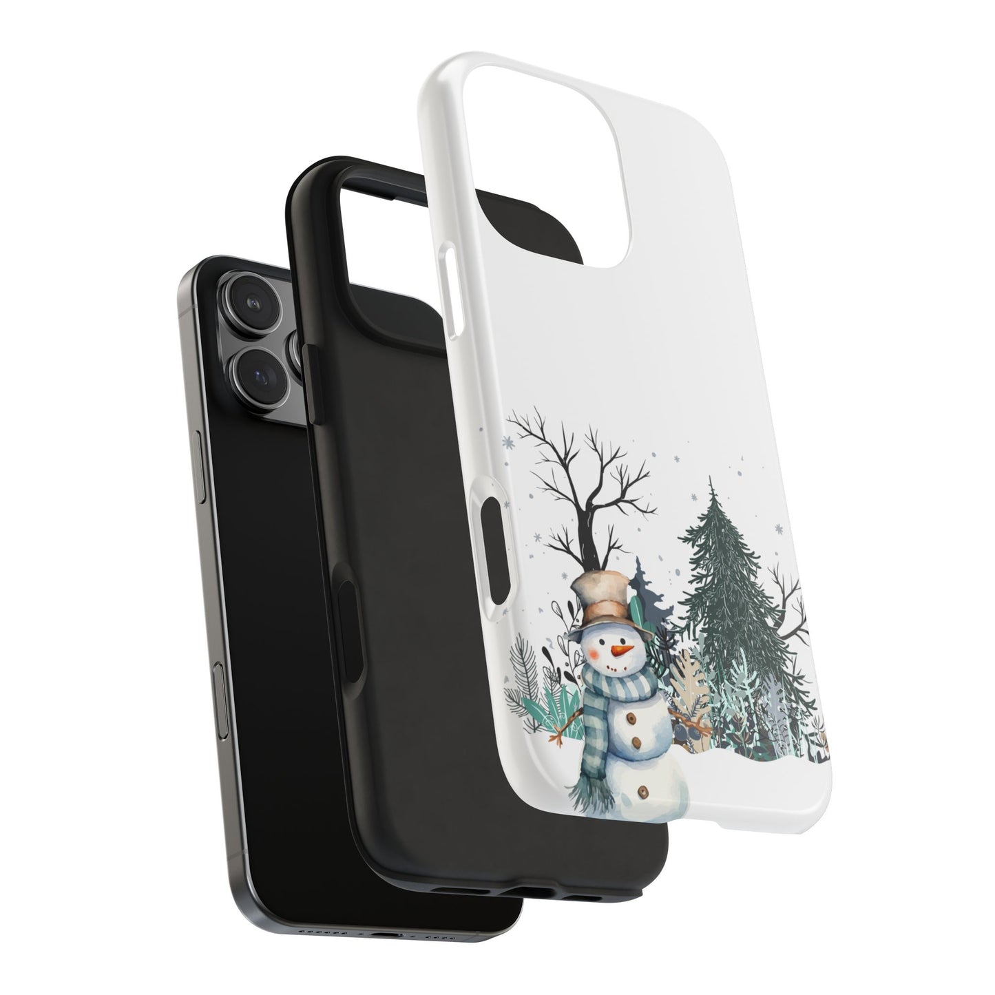 Winter Snowman Phone Case with Forest Trees and Snowflakes Cute Holiday Design Protective Cover for Christmas and Cozy Seasonal Vibes