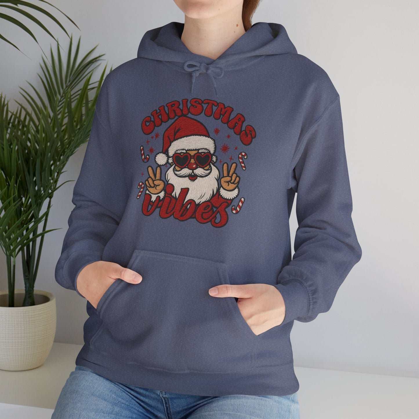 Christmas Vibes Santa Hoodie (Embroidery Look) – Unisex Holiday Sweatshirt