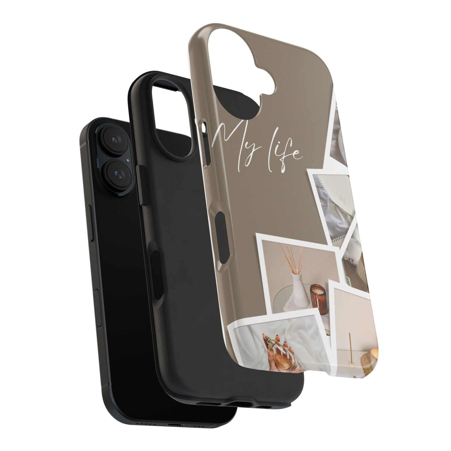 Neutral Aesthetic Phone Case with “My Life” Text and Polaroid Style Collage – Minimalist Beige Design for Cozy Lifestyle Lovers
