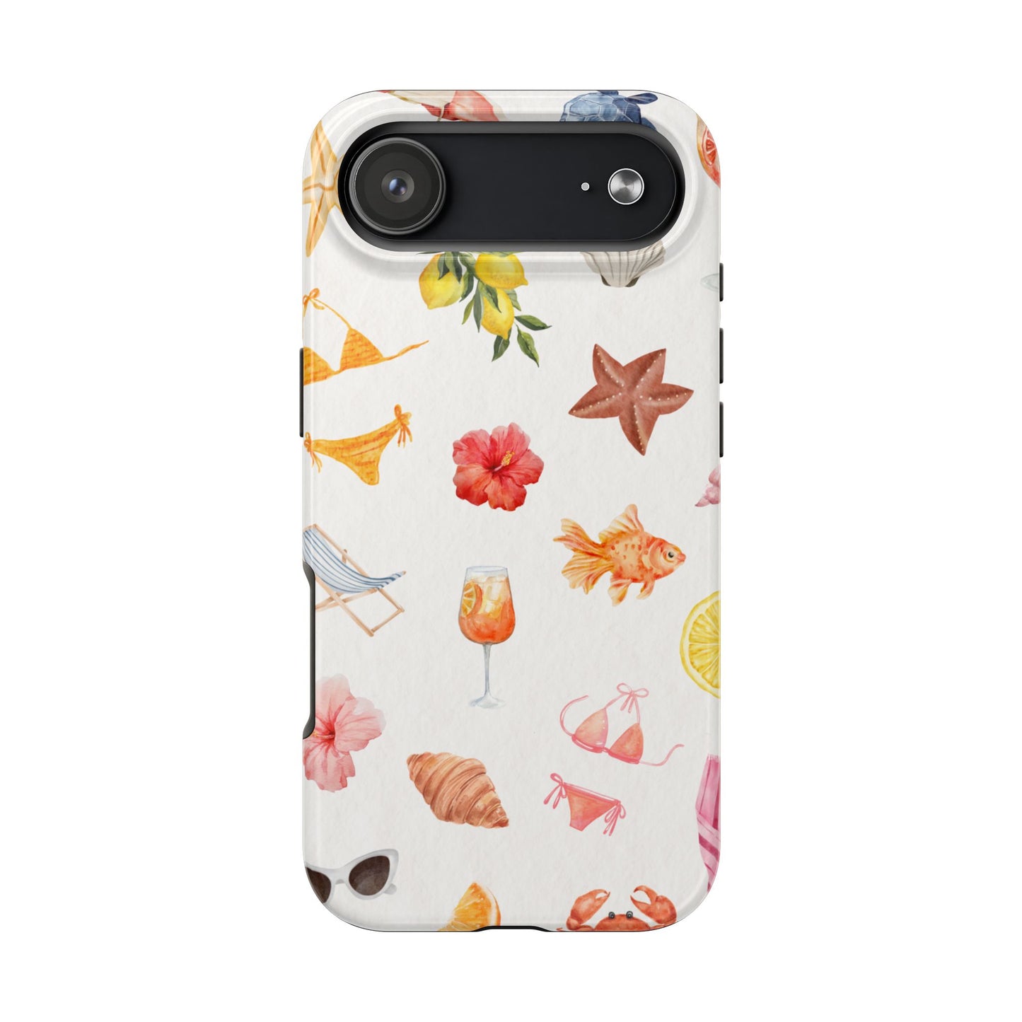Summer Beach Vibes Phone Case with Watercolor Tropical Icons Bikini Flowers Fish and Fruits Fun and Colorful Protective Cover