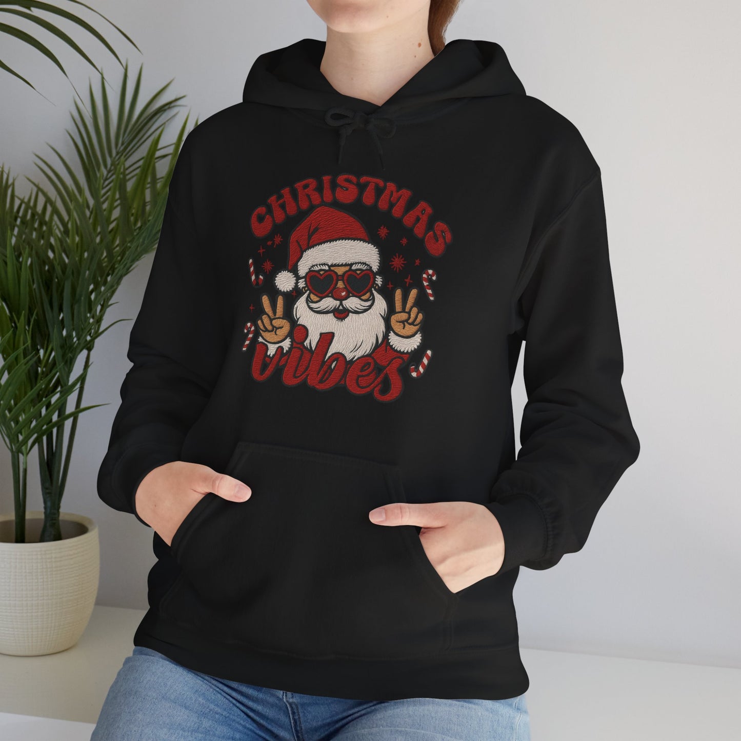 Christmas Vibes Santa Hoodie (Embroidery Look) – Unisex Holiday Sweatshirt