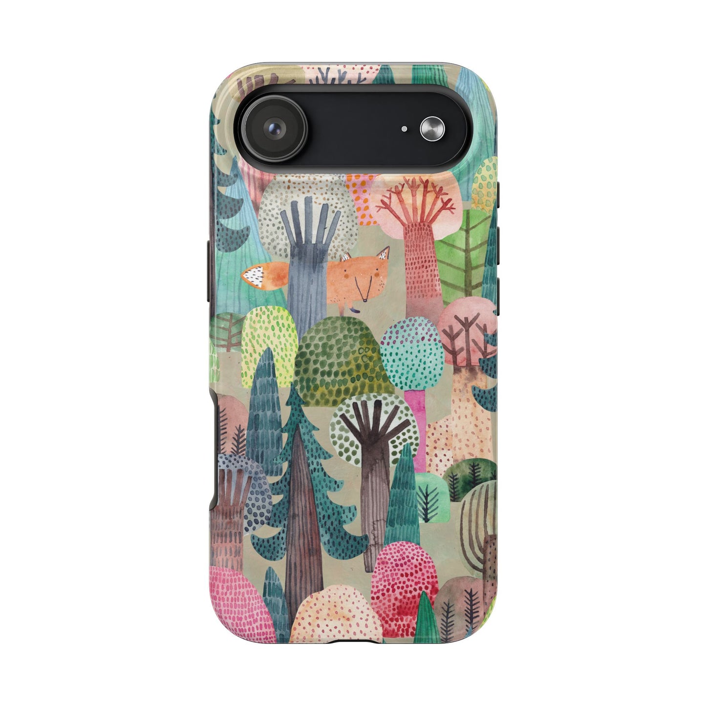 Colorful Forest Phone Case with Hidden Fox Design and Whimsical Trees – Artistic Nature Woodland Protective Cover for All Models