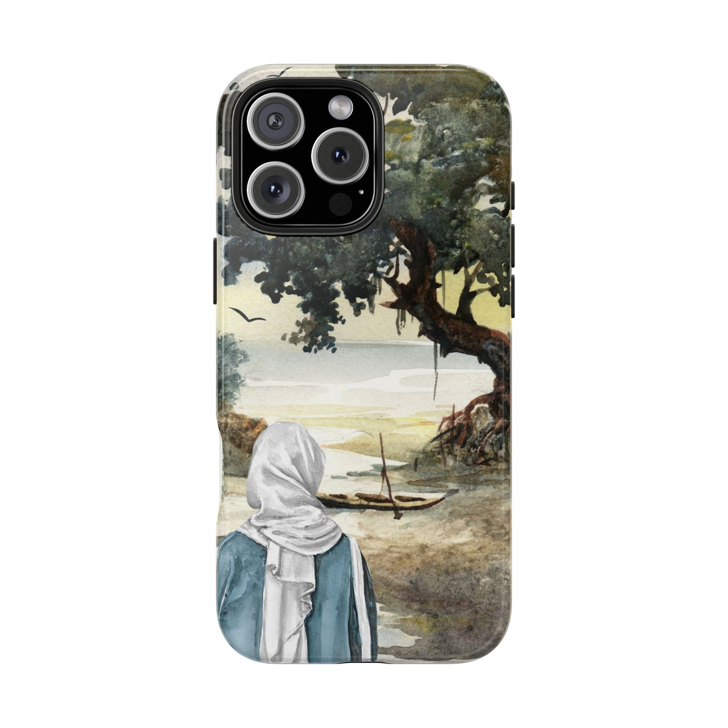 Watercolor Nature Phone Case with Woman by the Sea Tree and Boat Serene Landscape Art Protective Cover for Calm Coastal and Artistic Vibes