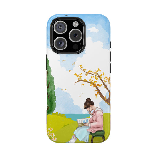 Cozy Reading Girl Phone Case with Peaceful Nature Scene Trees and Flowers Serene Pastel Design Protective Cover for Book Lovers and Dreamers
