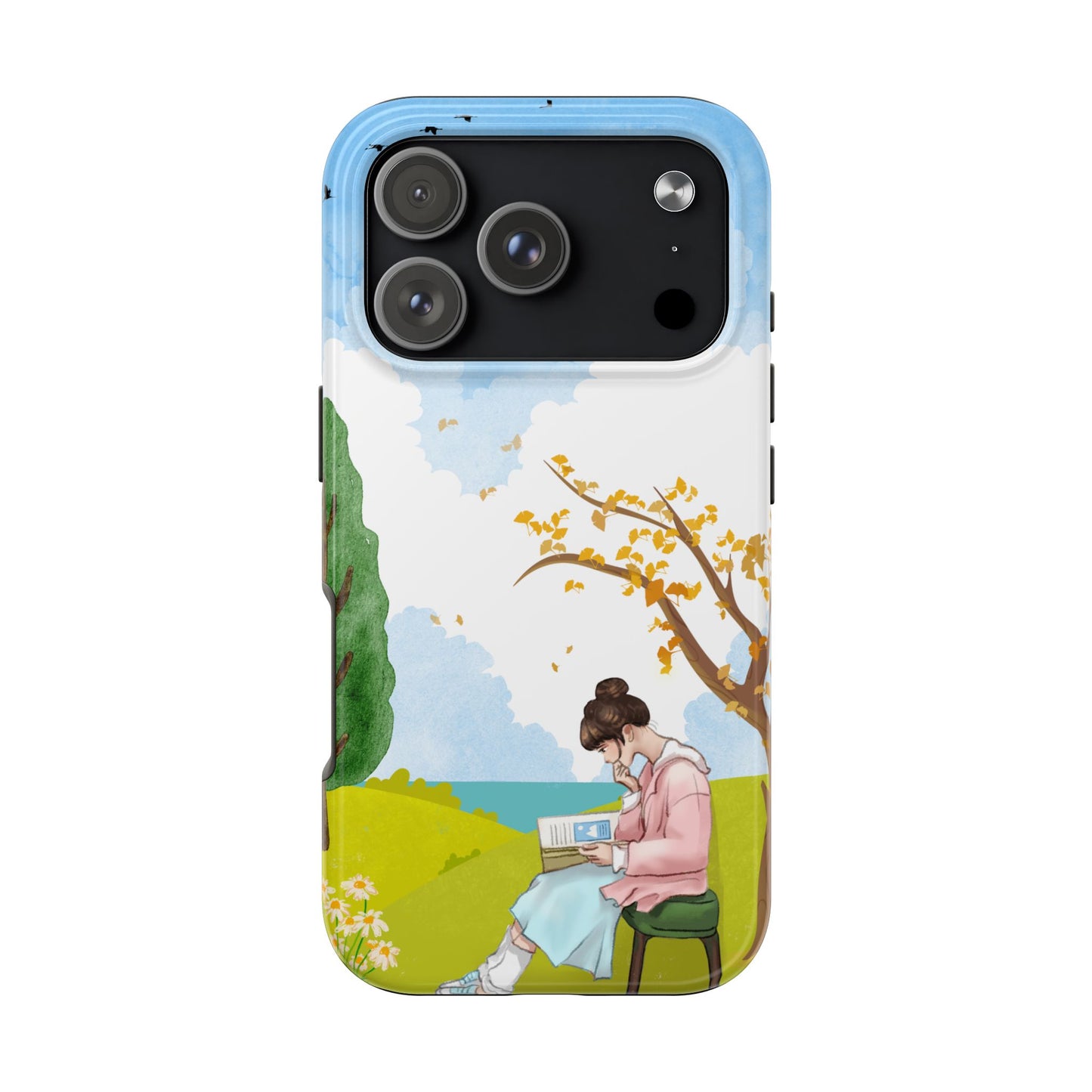 Cozy Reading Girl Phone Case with Peaceful Nature Scene Trees and Flowers Serene Pastel Design Protective Cover for Book Lovers and Dreamers