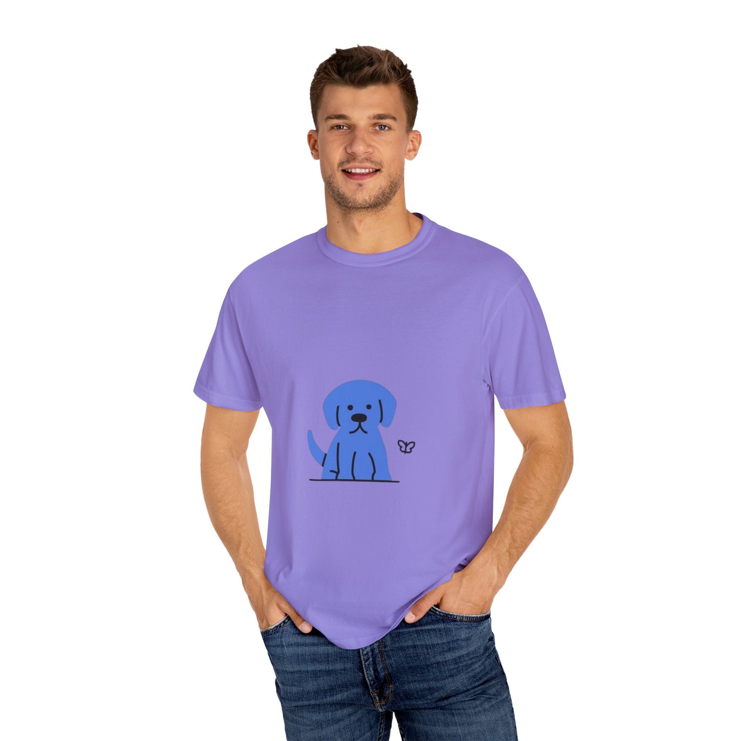 Cute Blue Dog Unisex Garment-Dyed T-shirt, Pet Lover Gift, Fashion Tee, Casual Wear, Birthday Present, Dog Lover Apparel