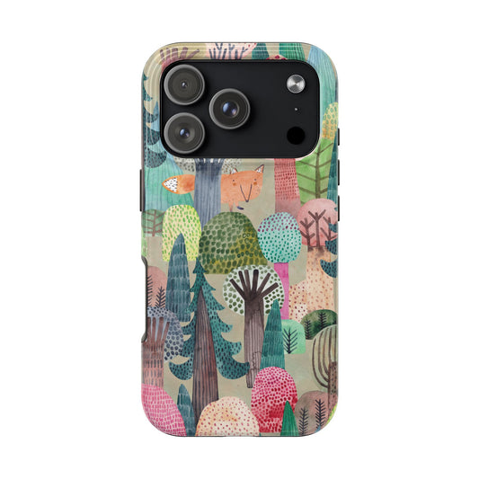 Colorful Forest Phone Case with Hidden Fox Design and Whimsical Trees – Artistic Nature Woodland Protective Cover for All Models