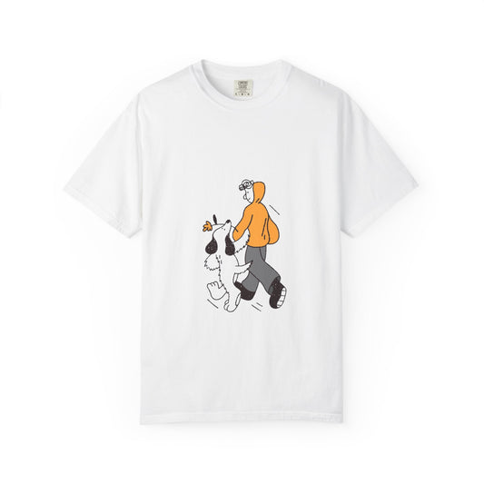 Casual Graphic T-Shirt for Dog Lovers, Cute Pet Walk Tee, Unisex Apparel, Gift for Animal Lovers, Everyday Wear