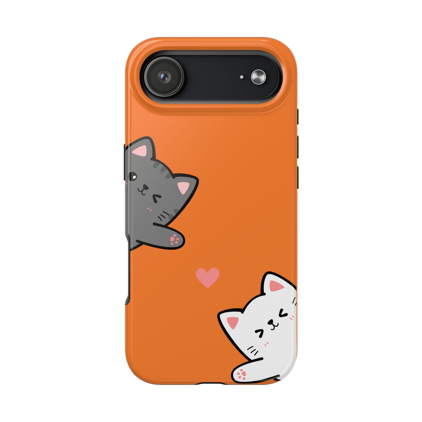 Cute Cartoon Cat Phone Case with Orange Background Playful Gray and White Kitties and Pink Heart Protective Cover for Kawaii Cat Lovers