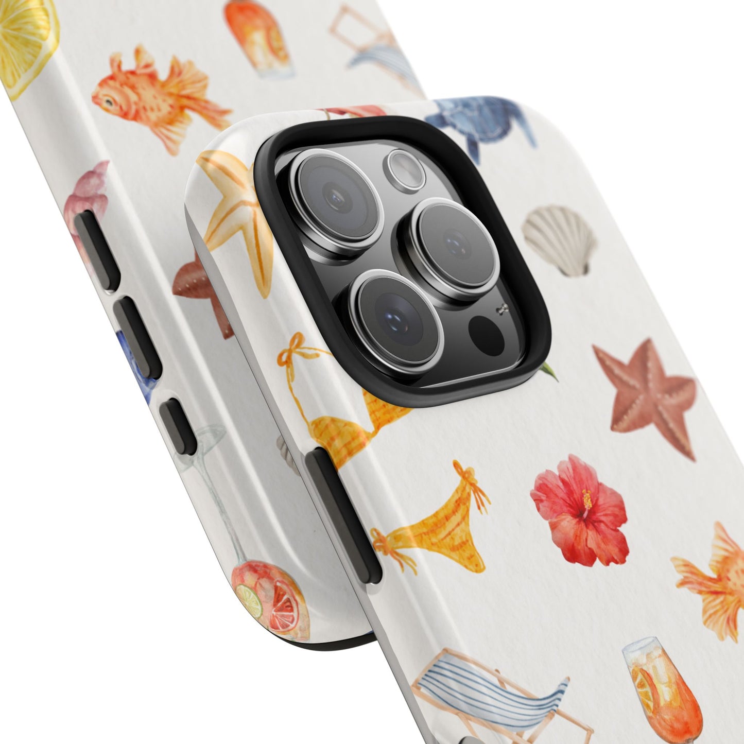 Summer Beach Vibes Phone Case with Watercolor Tropical Icons Bikini Flowers Fish and Fruits Fun and Colorful Protective Cover