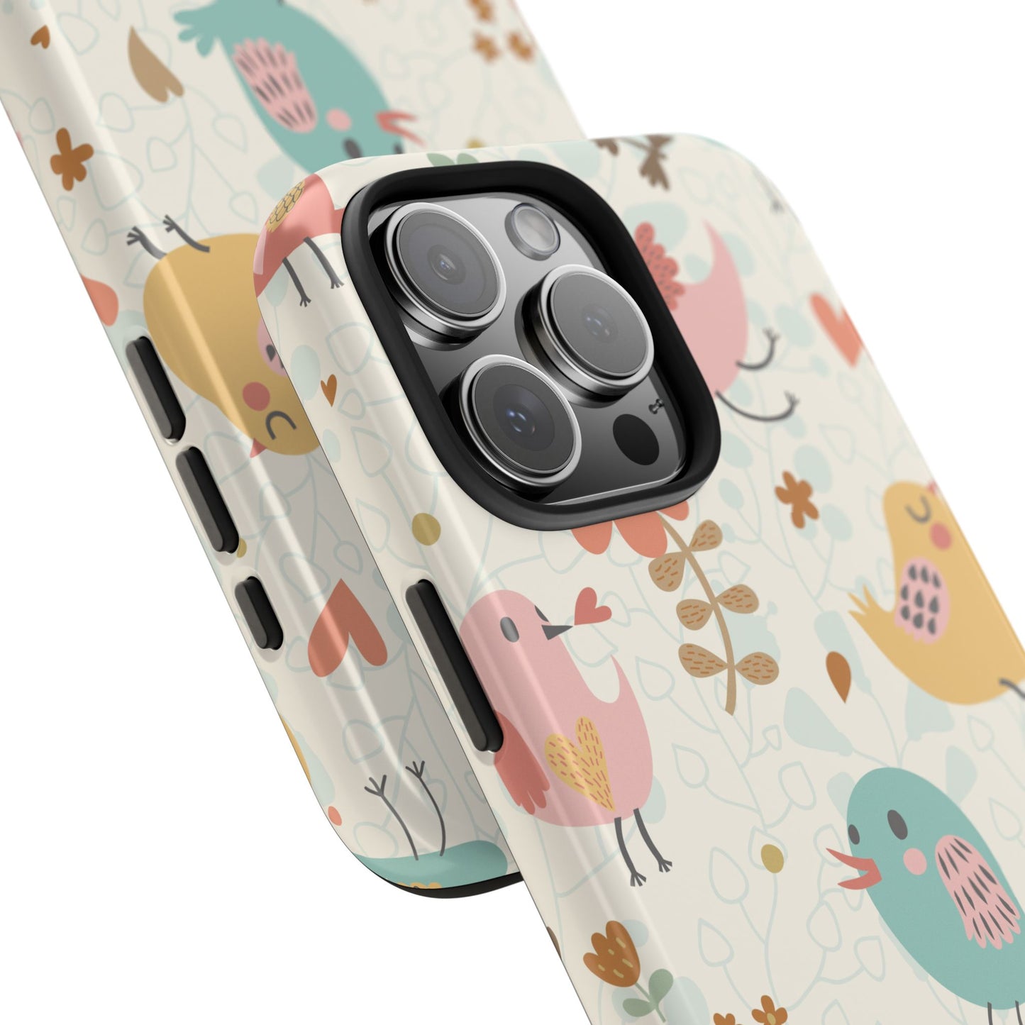 Cute Cartoon Birds Phone Case for iPhone 15 Pro with Colorful Pastel Floral Pattern – Soft Protective Cover with Whimsical Bird Design