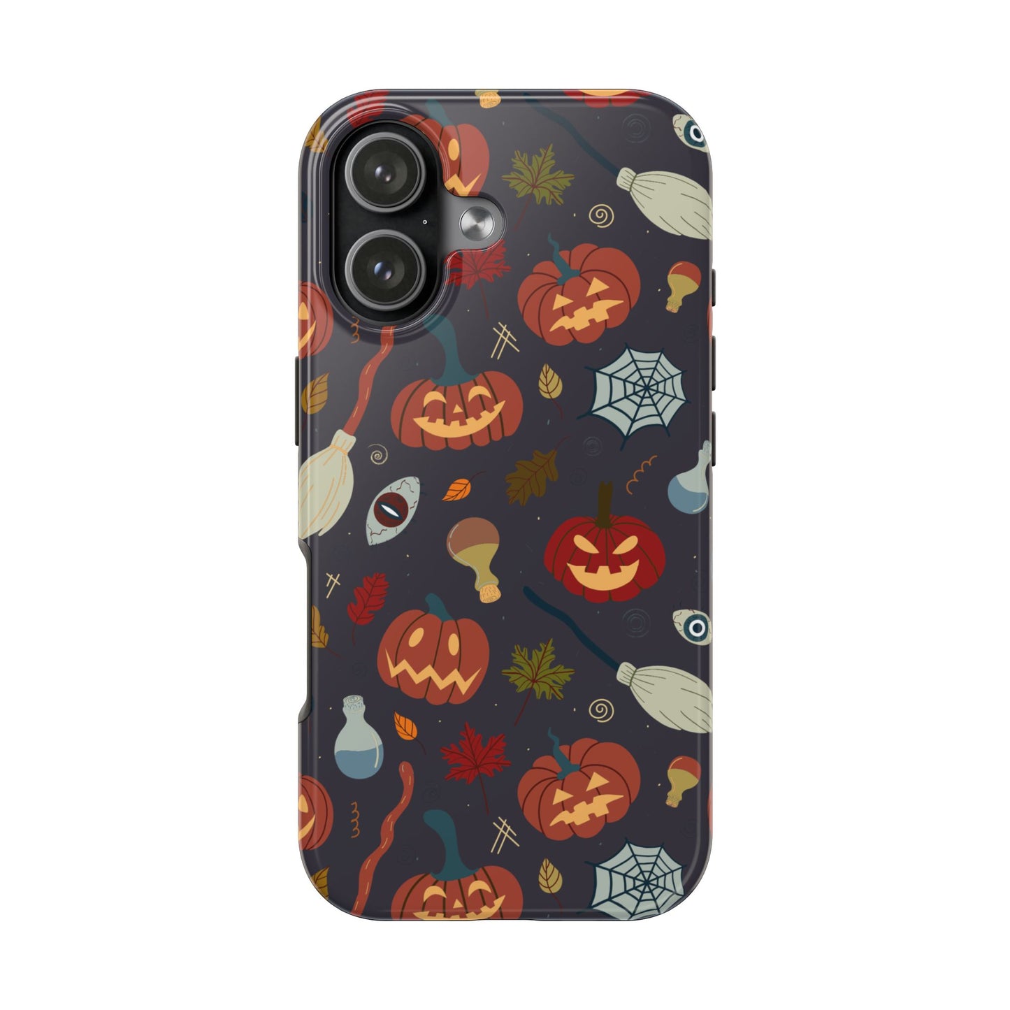 Spooky Halloween Pumpkin Phone Case with Witches Brooms, Potions, and Autumn Leaves – Fun Festive Protective Cover for October Vibes