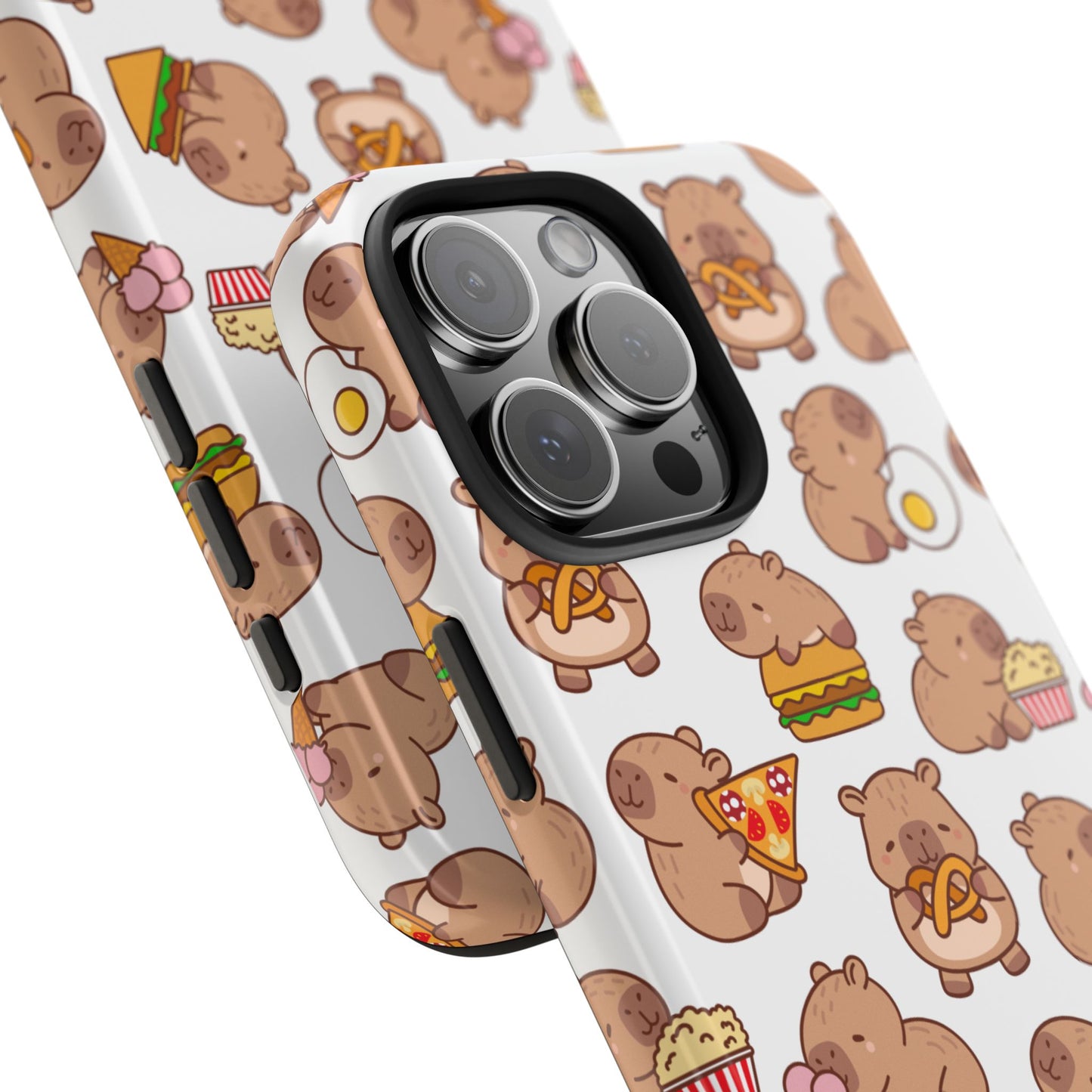 Cute Capybara Phone Case with Food Pattern Pizza Burger Donut and Popcorn Funny Animal Design Protective Cover for Foodies and Kawaii Style