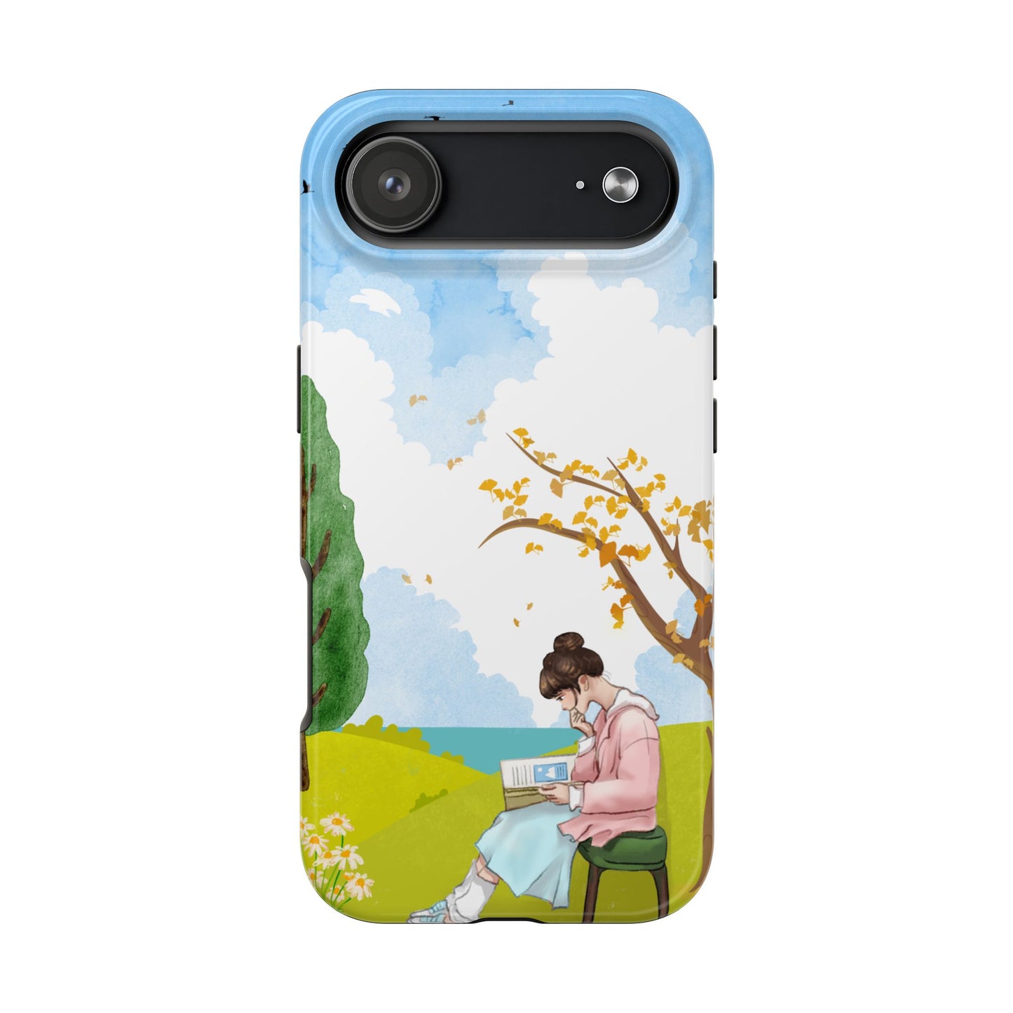 Cozy Reading Girl Phone Case with Peaceful Nature Scene Trees and Flowers Serene Pastel Design Protective Cover for Book Lovers and Dreamers