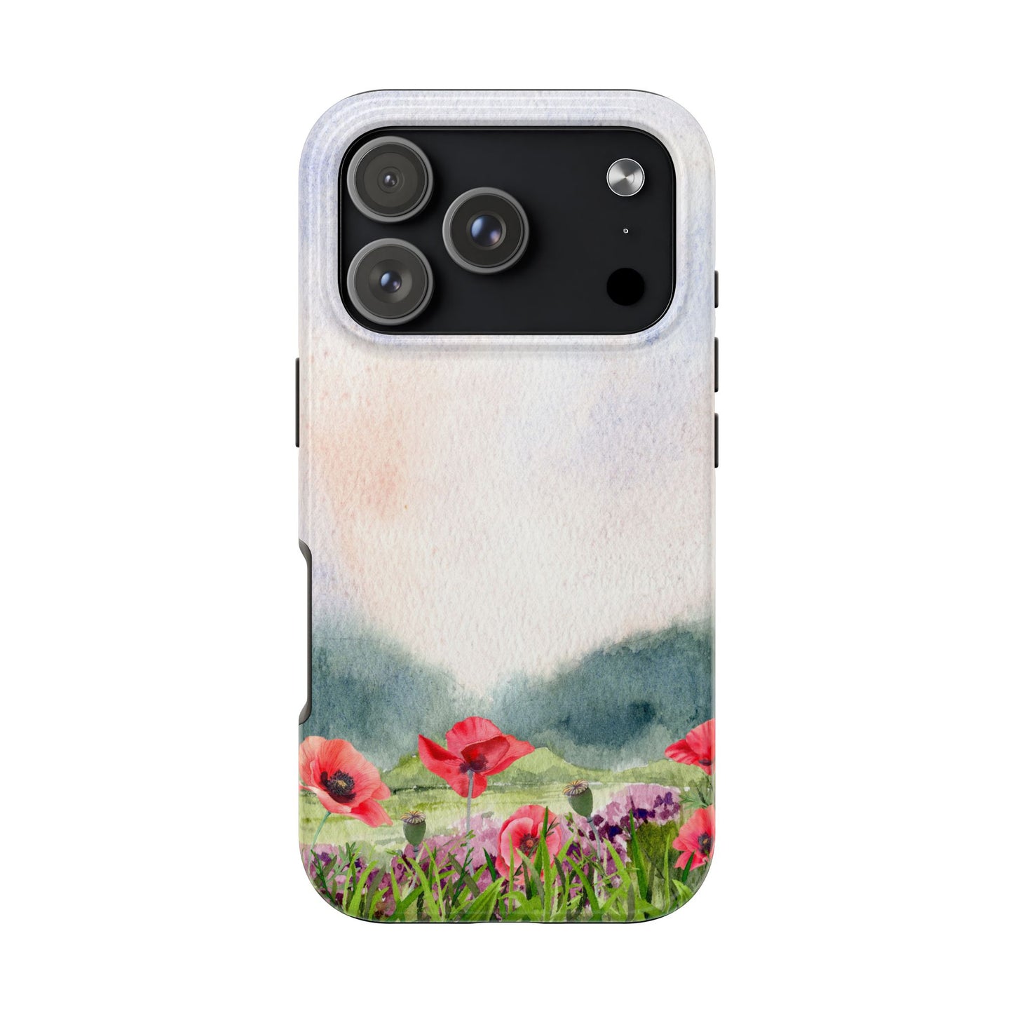 Watercolor Wildflower Meadow Phone Case with Red Poppies and Soft Landscape Artistic Floral Design Protective Cover for Nature Lover