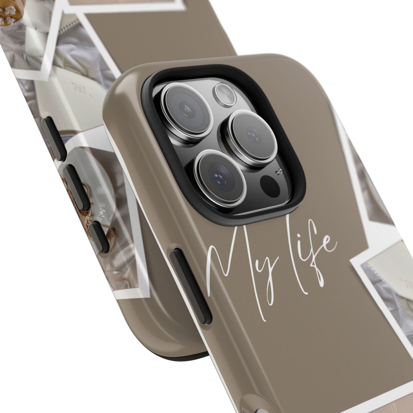 Neutral Aesthetic Phone Case with “My Life” Text and Polaroid Style Collage – Minimalist Beige Design for Cozy Lifestyle Lovers